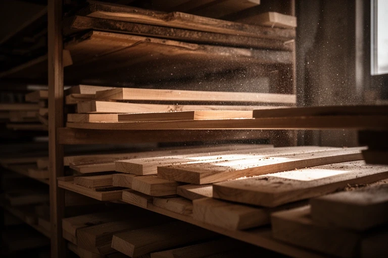 Stacked hardwood boards in the workshop